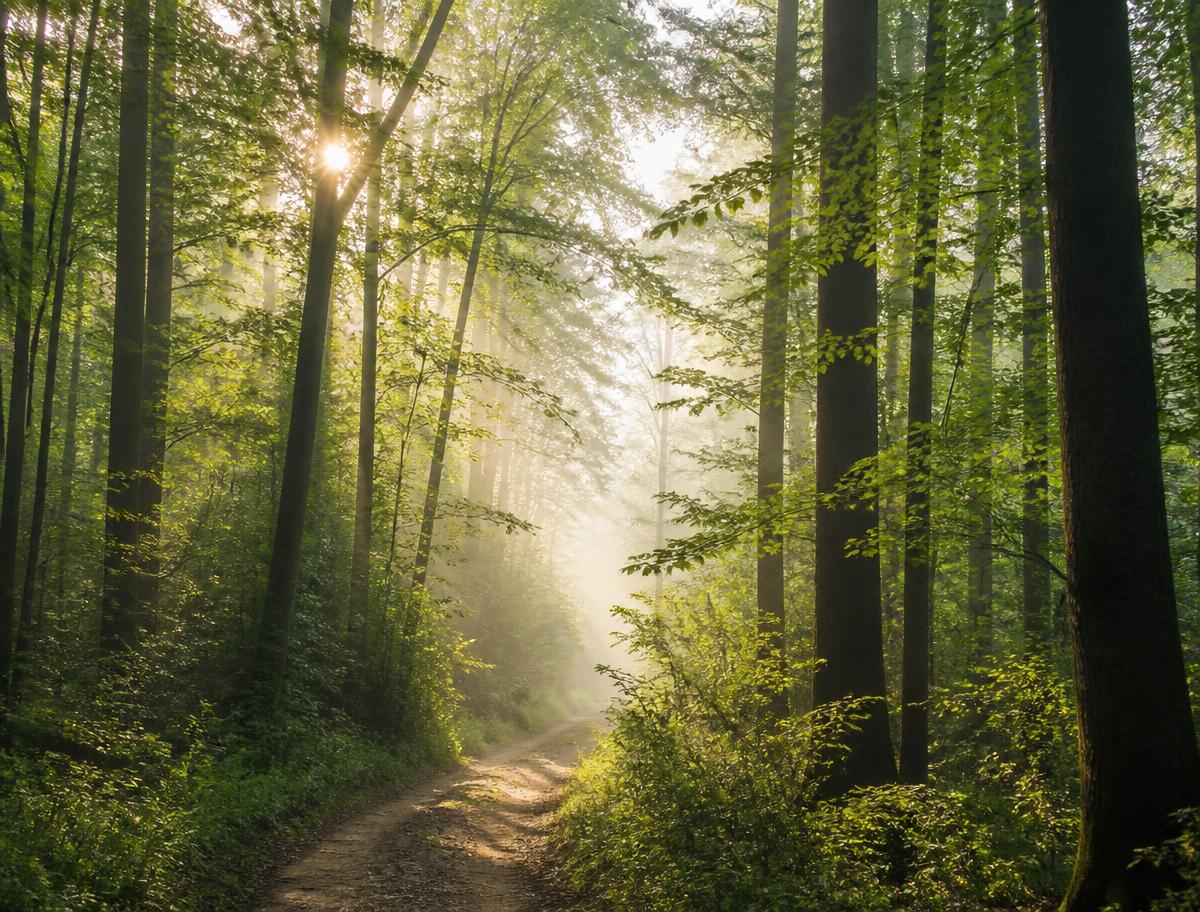 Sunlit forest path in the morning mist